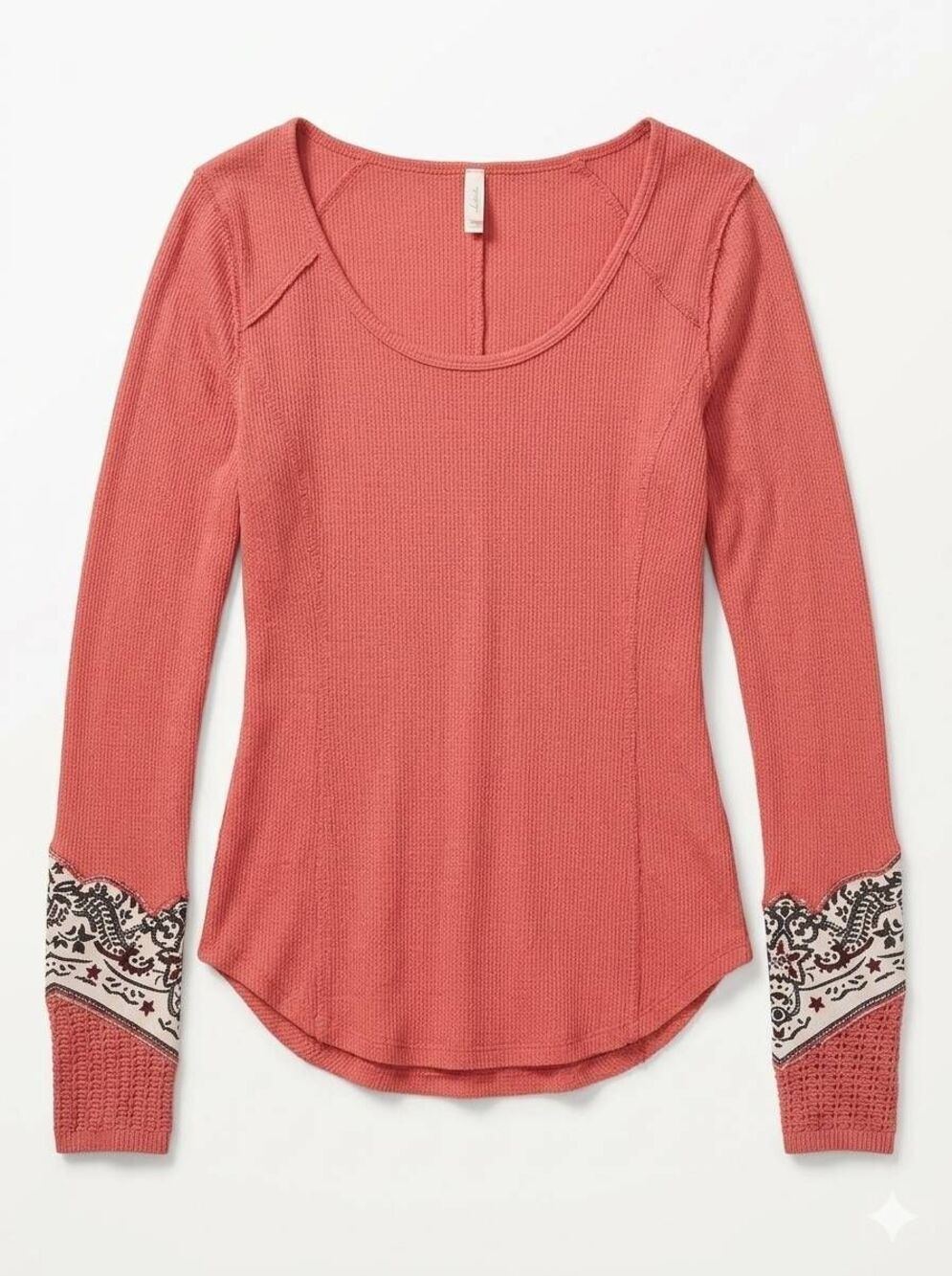 🔹️Free People Terracotta Waffle Knit Patterned Cuff Long Sleeve Top Small